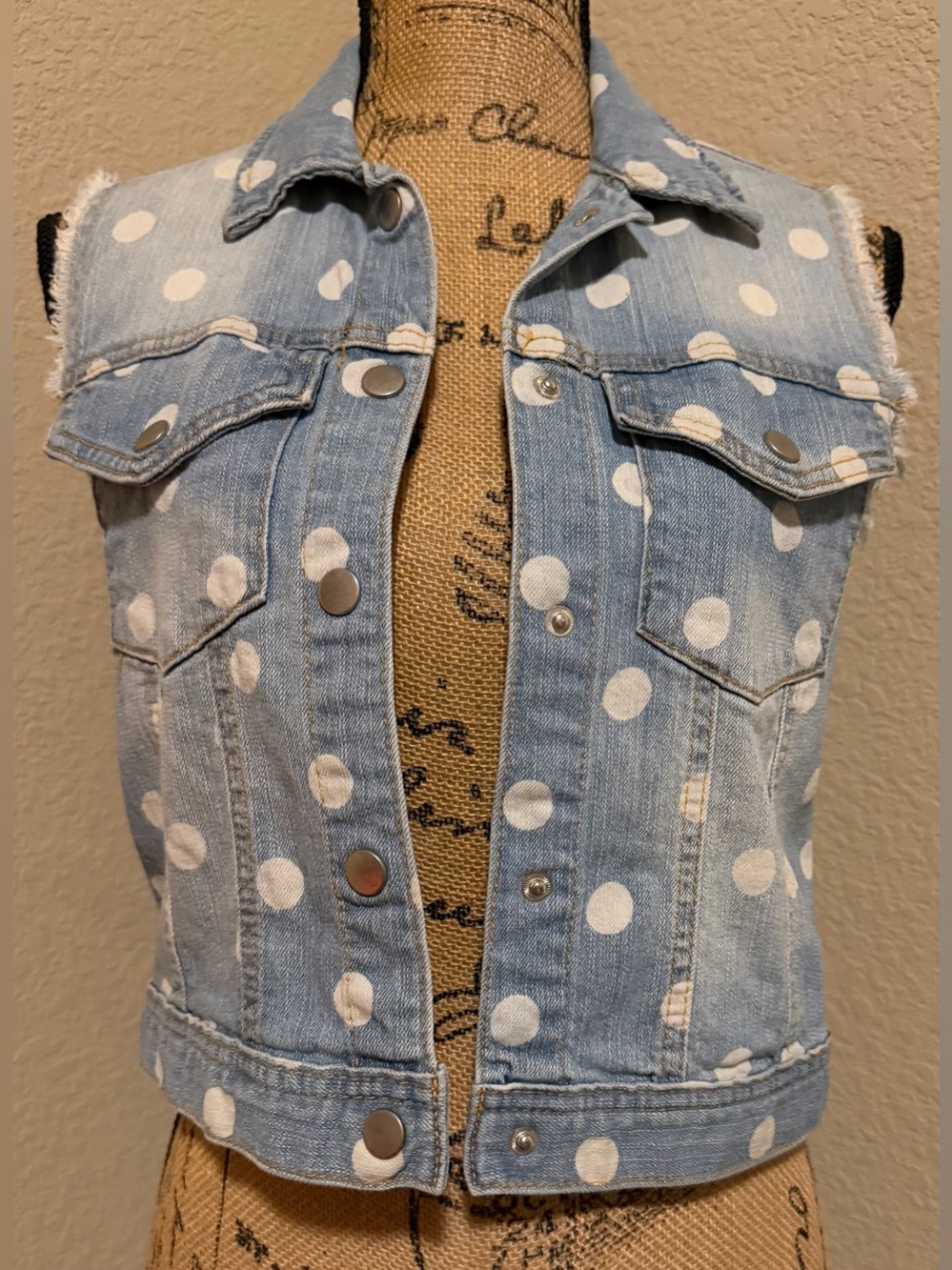 Forever 21 Light Blue Denim Vest with White Polka Dots